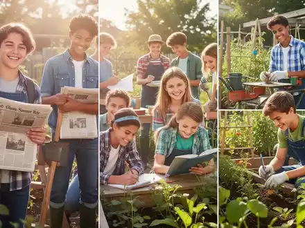 Jugendliche bei verschiedenen Ferienjobs, wie Zeitungen austragen, Nachhilfe geben und Gartenarbeit, in hellem Sonnenlicht. - Foto: über boerse-global.de