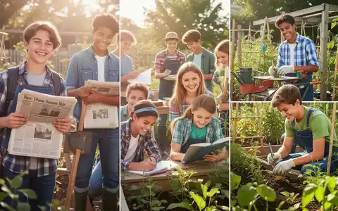 Jugendliche bei verschiedenen Ferienjobs, wie Zeitungen austragen, Nachhilfe geben und Gartenarbeit, in hellem Sonnenlicht. - Foto: über boerse-global.de