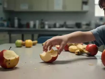 Nahaufnahme einer Kinderhand, die nach Obst auf einem spärlich gedeckten Tisch greift, im Hintergrund eine einfache Küche oder Kantine. - Foto: über boerse-global.de