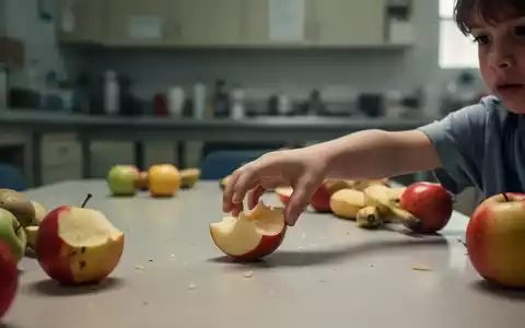 Nahaufnahme einer Kinderhand, die nach Obst auf einem spärlich gedeckten Tisch greift, im Hintergrund eine einfache Küche oder Kantine. - Foto: über boerse-global.de