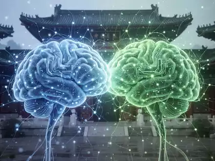 Digitale Darstellung vernetzter neuronaler Netze mit subtilen chinesischen Architekturelementen, die die KI-Kooperation von Apple und Alibaba symbolisieren. - Foto: über boerse-global.de