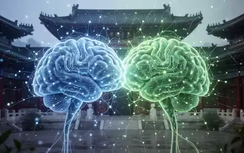 Digitale Darstellung vernetzter neuronaler Netze mit subtilen chinesischen Architekturelementen, die die KI-Kooperation von Apple und Alibaba symbolisieren. - Foto: über boerse-global.de