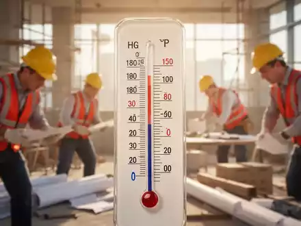 Ein Thermometer zeigt eine hohe Temperatur an, mit unscharfen Arbeitern im Hintergrund, die unter der Hitze leiden. - Foto: über boerse-global.de