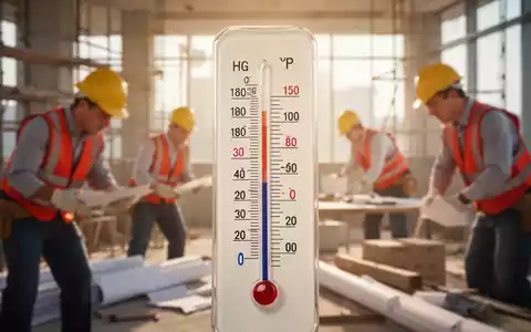 Ein Thermometer zeigt eine hohe Temperatur an, mit unscharfen Arbeitern im Hintergrund, die unter der Hitze leiden. - Foto: über boerse-global.de