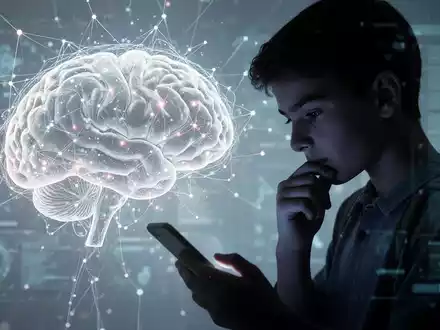 Leuchtendes neuronales Netz, das KI darstellt, dezent mit der Silhouette eines nachdenklichen Teenagers mit Smartphone verwoben. - Foto: über boerse-global.de