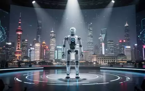 Ein humanoider Roboter mit elegantem Design steht auf einer Bühne, beleuchtet von filmischem Licht, mit der Skyline von Shanghai im Hintergrund. - Foto: über boerse-global.de