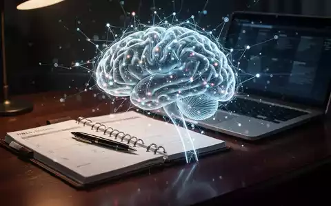 Ein stilisiertes, leuchtendes neuronales Netz überlagert einen Schreibtisch mit Notizbuch und Laptop, symbolisiert KI-Integration in Arbeitsmethoden. - Foto: über boerse-global.de