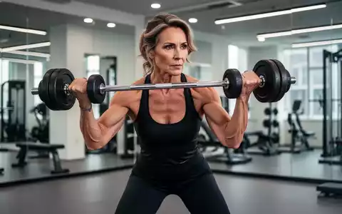 Eine selbstbewusste Frau mittleren Alters führt konzentriert Krafttraining mit Hanteln in einem Fitnessstudio durch. - Foto: über boerse-global.de