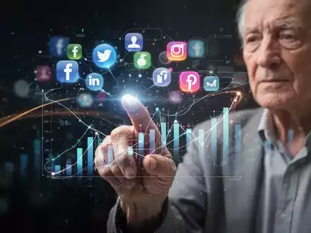 Ältere Hand interagiert mit einem leuchtenden digitalen Bildschirm, der soziale Medien und Finanzgrafiken zeigt, umgeben von Dunkelheit. - Foto: über boerse-global.de