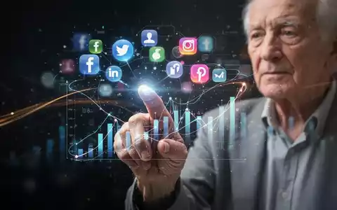 Ältere Hand interagiert mit einem leuchtenden digitalen Bildschirm, der soziale Medien und Finanzgrafiken zeigt, umgeben von Dunkelheit. - Foto: über boerse-global.de