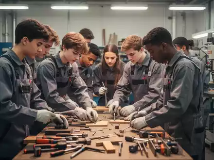 Junge Handwerker in einer Werkstatt, die gemeinsam an einem Projekt arbeiten und dabei moderne Werkzeuge nutzen. Fokus auf Ausbildung und Berufseinstieg. - Foto: ĂŒber boerse-global.de