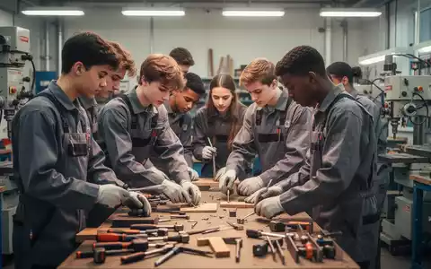 Junge Handwerker in einer Werkstatt, die gemeinsam an einem Projekt arbeiten und dabei moderne Werkzeuge nutzen. Fokus auf Ausbildung und Berufseinstieg. - Foto: über boerse-global.de
