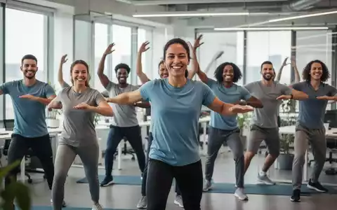 Eine Gruppe lächelnder Mitarbeiter nimmt an einem Firmen-Gesundheitsprogramm in einem modernen Büro teil, symbolisiert Mitarbeiterbindung. - Foto: über boerse-global.de