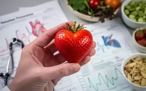 Eine Hand hält eine herzförmige rote Frucht vor einem unscharfen Hintergrund aus medizinischen Diagrammen und gesunden Lebensmitteln. - Foto: über boerse-global.de