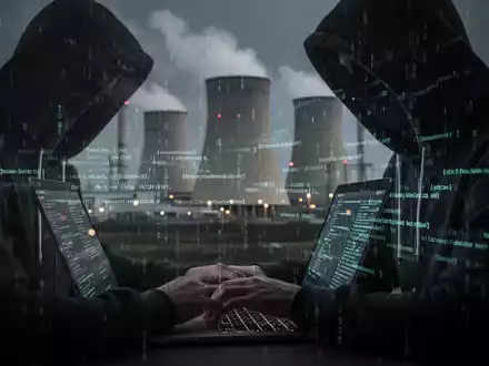 Eine Person im Hoodie tippt auf einem Laptop, im Hintergrund ein Atomkraftwerk. Symbolisiert einen Cyberangriff auf kritische Infrastruktur. - Foto: über boerse-global.de