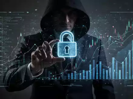 Eine dunkle Figur in einem Anzug manipuliert eine holografische Schnittstelle mit Finanzdaten und einem digitalen Vorhängeschloss. - Foto: über boerse-global.de
