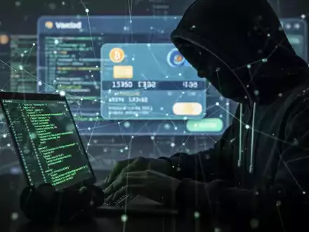 Verschwommene Gestalt in Kapuzenjacke tippt auf Laptop, mit Krypto-Wallet-Oberfläche und Netzwerklinien im Hintergrund. - Foto: über boerse-global.de