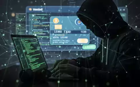 Verschwommene Gestalt in Kapuzenjacke tippt auf Laptop, mit Krypto-Wallet-Oberfläche und Netzwerklinien im Hintergrund. - Foto: über boerse-global.de