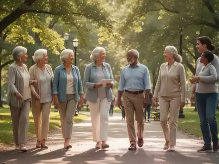 Eine vielfältige Gruppe von Senioren und jüngeren Erwachsenen spaziert gemeinsam in einem sonnigen Park, unterhält sich. - Foto: über boerse-global.de