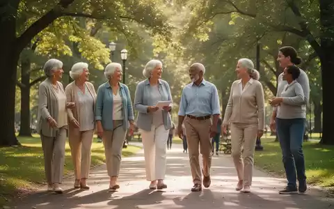 Eine vielfältige Gruppe von Senioren und jüngeren Erwachsenen spaziert gemeinsam in einem sonnigen Park, unterhält sich. - Foto: über boerse-global.de