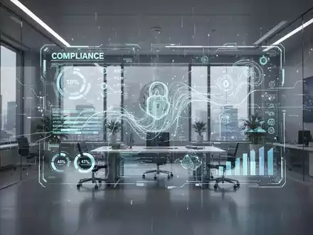 Ein futuristisches, minimalistisches Regierungsbüro mit einer leuchtenden holografischen Schnittstelle, die komplexe Datenflüsse und Compliance-Metriken anzeigt. - Foto: über boerse-global.de