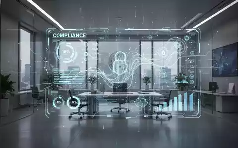 Ein futuristisches, minimalistisches Regierungsbüro mit einer leuchtenden holografischen Schnittstelle, die komplexe Datenflüsse und Compliance-Metriken anzeigt. - Foto: über boerse-global.de