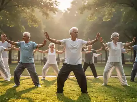 Eine vielfältige Gruppe von Menschen praktiziert Tai Chi in einem ruhigen Park bei Sonnenaufgang, mit Fokus auf fließende Bewegungen. - Foto: über boerse-global.de