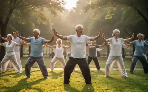 Eine vielfältige Gruppe von Menschen praktiziert Tai Chi in einem ruhigen Park bei Sonnenaufgang, mit Fokus auf fließende Bewegungen. - Foto: über boerse-global.de