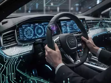 Ein futuristisches Auto-Interieur mit Armaturenbrett, digitalen Schnittstellen und einer integrierten Infrarotkamera zur Aufmerksamkeitsüberwachung. - Foto: über boerse-global.de