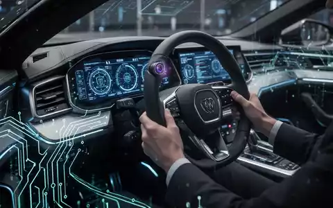 Ein futuristisches Auto-Interieur mit Armaturenbrett, digitalen Schnittstellen und einer integrierten Infrarotkamera zur Aufmerksamkeitsüberwachung. - Foto: über boerse-global.de