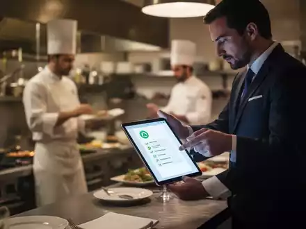 Eine unscharfe Restaurantküche mit einem Koch und einem Manager, die ein Tablet betrachten, das digitale Arbeitsschutzlösungen darstellt. - Foto: über boerse-global.de