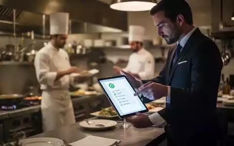 Eine unscharfe Restaurantküche mit einem Koch und einem Manager, die ein Tablet betrachten, das digitale Arbeitsschutzlösungen darstellt. - Foto: über boerse-global.de