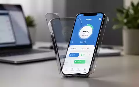 Ein Smartphone zeigt eine App zur Arbeitszeiterfassung im Homeoffice, mit einem unscharfen Laptop im Hintergrund. - Foto: über boerse-global.de