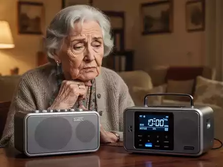 Eine ältere Frau betrachtet nachdenklich ein modernes Digitalradio in einem gemütlichen Wohnzimmer, das den Wandel der Mediennutzung bei Senioren in Europa symbolisiert. - Foto: über boerse-global.de