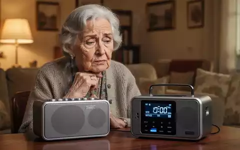 Eine ältere Frau betrachtet nachdenklich ein modernes Digitalradio in einem gemütlichen Wohnzimmer, das den Wandel der Mediennutzung bei Senioren in Europa symbolisiert. - Foto: über boerse-global.de