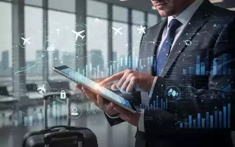 Ein Geschäftsreisender prüft auf einem Tablet digitale Reisekostenabrechnungen vor einem Hintergrund mit Finanzdaten und Reisesymbolen. - Foto: über boerse-global.de