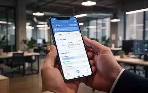 Nahaufnahme einer Hand, die ein Smartphone mit einer Zeiterfassungs-App hält, im Hintergrund ein unscharfes Büro. - Foto: über boerse-global.de