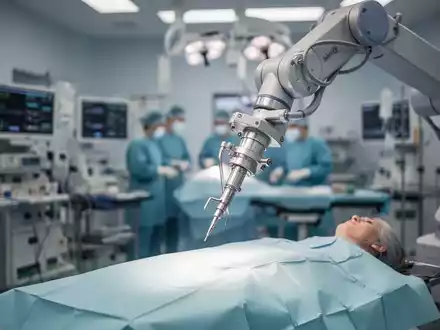 Ein robotischer Chirurgiearm, möglicherweise ein Da-Vinci-System, über einem OP-Tisch in einer modernen deutschen Klinik. - Foto: über boerse-global.de