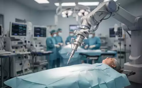 Ein robotischer Chirurgiearm, möglicherweise ein Da-Vinci-System, über einem OP-Tisch in einer modernen deutschen Klinik. - Foto: über boerse-global.de