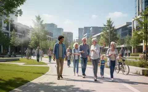 Eine Gruppe von Menschen unterschiedlichen Alters, die in einem modernen Stadtpark spazieren gehen und miteinander interagieren, um ein gesundes Umfeld darzustellen. - Foto: über boerse-global.de