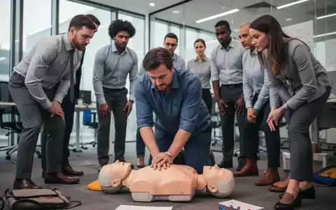 Mitarbeiter nehmen an einer Erste-Hilfe-Schulung in einem modernen Büro teil, wobei eine Person CPR an einer Puppe übt. - Foto: über boerse-global.de