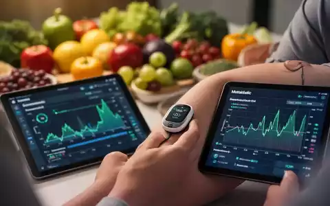 Eine Hand hält ein modernes kontinuierliches Glukose-Messgerät am Arm. Im verschwommenen Hintergrund sind gesunde Lebensmittel und ein Tablet mit Daten zu sehen. - Foto: über boerse-global.de