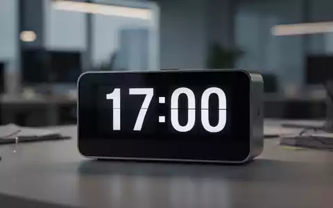 Eine Nahaufnahme einer digitalen Uhr, die 17:00 Uhr anzeigt, mit einem unscharfen Büro im Hintergrund, symbolisiert Überstunden und Arbeitszeit. - Foto: über boerse-global.de