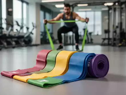 Ein Set bunter Widerstandsbänder, aufgerollt auf einem modernen Fitnessboden. Im Hintergrund trainiert eine Person mit einem Band. - Foto: über boerse-global.de