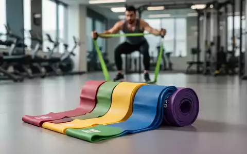 Ein Set bunter Widerstandsbänder, aufgerollt auf einem modernen Fitnessboden. Im Hintergrund trainiert eine Person mit einem Band. - Foto: über boerse-global.de