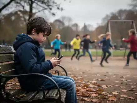 Ein Kind sitzt auf einer Parkbank und schaut auf ein Smartphone, während im Hintergrund andere Kinder spielen. - Foto: über boerse-global.de