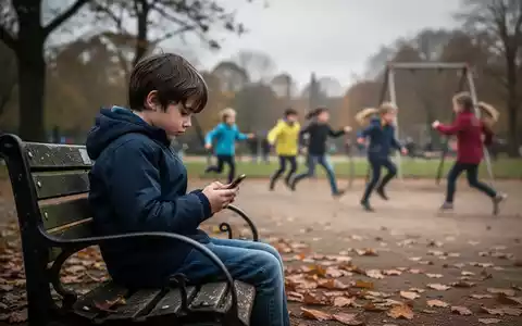 Ein Kind sitzt auf einer Parkbank und schaut auf ein Smartphone, während im Hintergrund andere Kinder spielen. - Foto: über boerse-global.de