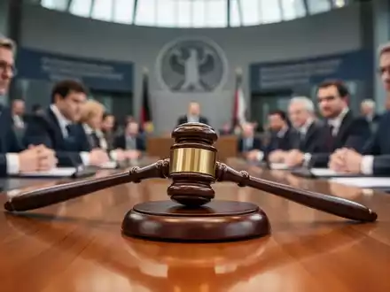 Ein stilisierter Vorschlaghammer auf einem polierten Holztisch, im Hintergrund unscharf Abgeordnete im Bundestag. Symbolisiert Gesetz und Reform. - Foto: über boerse-global.de
