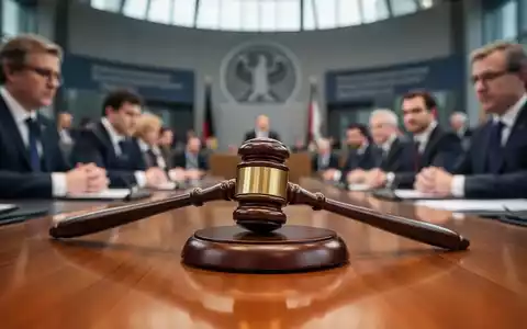 Ein stilisierter Vorschlaghammer auf einem polierten Holztisch, im Hintergrund unscharf Abgeordnete im Bundestag. Symbolisiert Gesetz und Reform. - Foto: über boerse-global.de