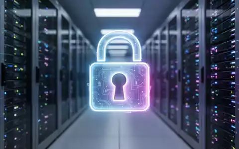 Ein stilisiertes, leuchtendes Vorhängeschloss-Symbol über einem unscharfen Hintergrund eines modernen Rechenzentrums mit Serverracks. - Foto: über boerse-global.de